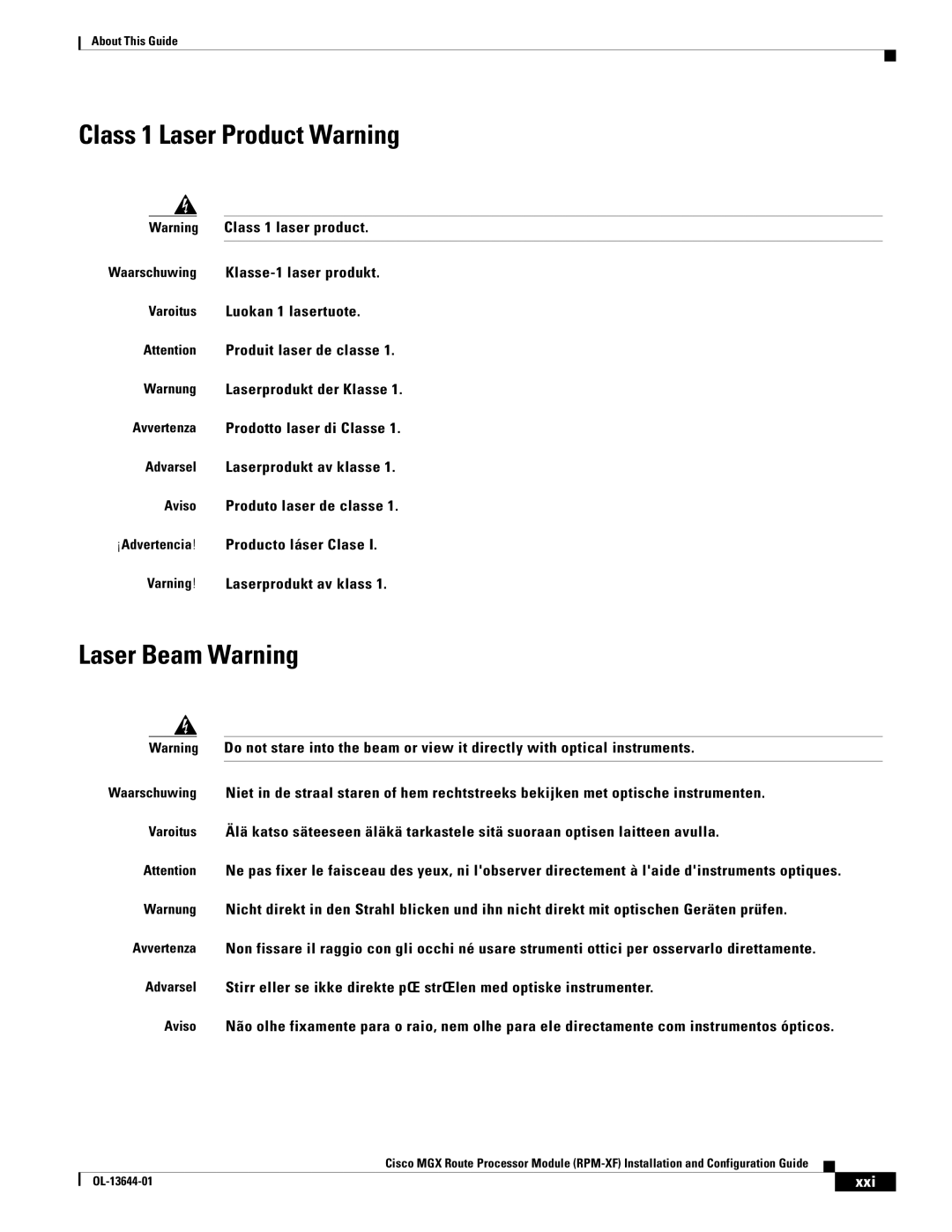 Cisco Systems RPM-XF specifications Class 1 Laser Product Warning, Xxi 