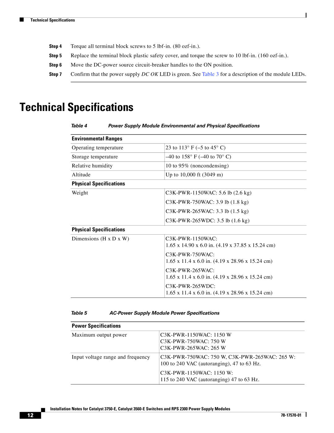 Cisco Systems RPS 2300, 3560-E, 3750-E technical specifications Technical Specifications, Environmental Ranges 