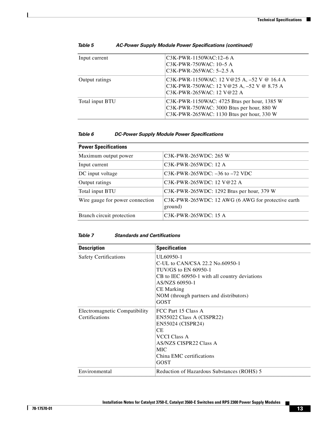 Cisco Systems 3560-E, RPS 2300, 3750-E technical specifications Description Specification 