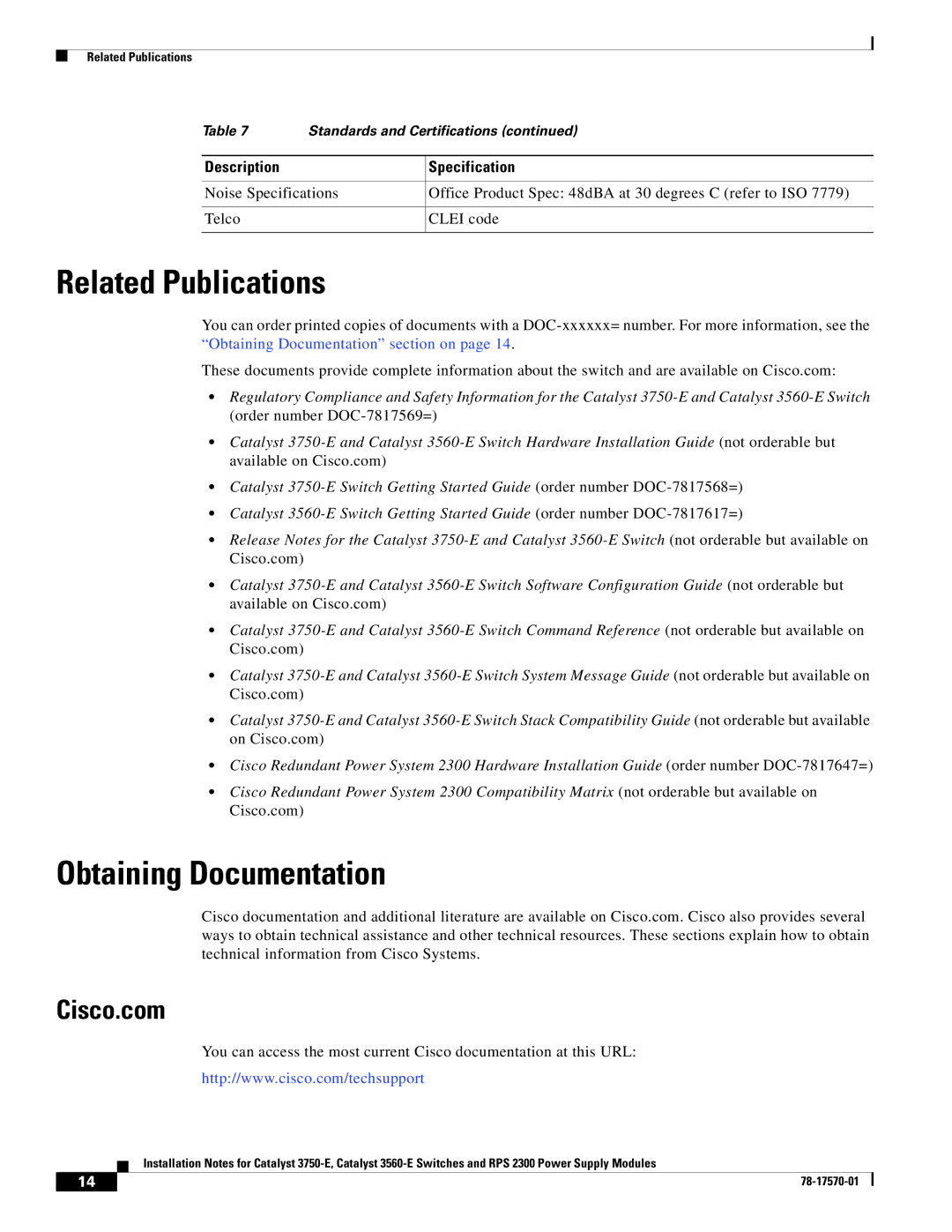 Cisco Systems 3750-E, RPS 2300, 3560-E technical specifications Related Publications, Obtaining Documentation, Cisco.com 