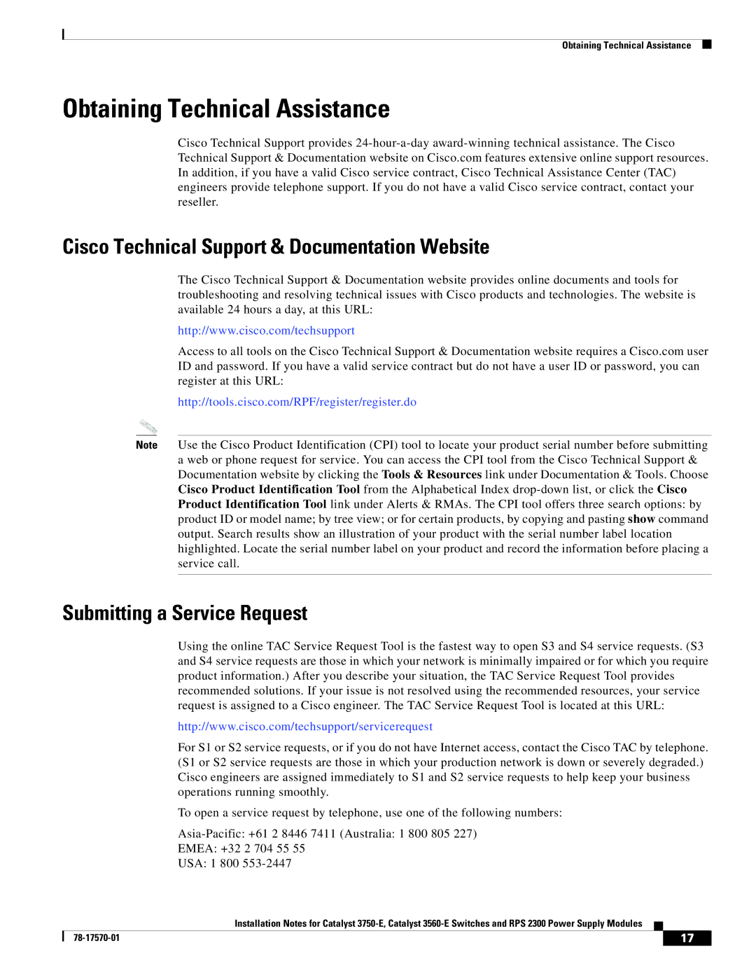 Cisco Systems 3750-E, RPS 2300, 3560-E Obtaining Technical Assistance, Cisco Technical Support & Documentation Website 