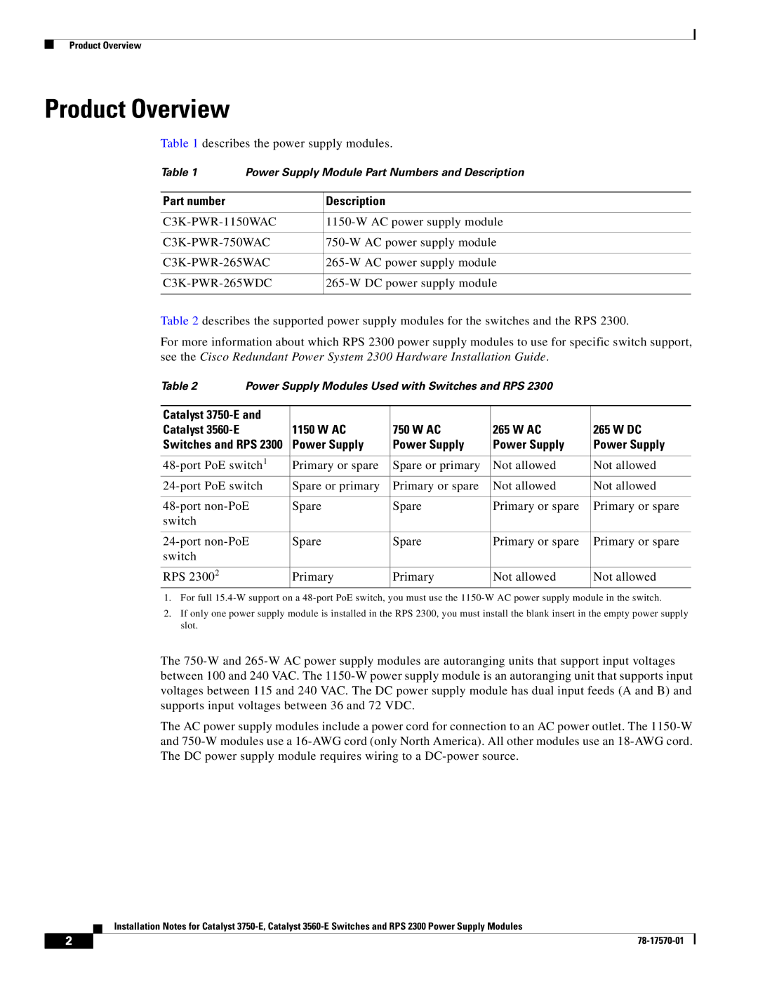 Cisco Systems 3750-E, RPS 2300, 3560-E technical specifications Product Overview, Part number Description 