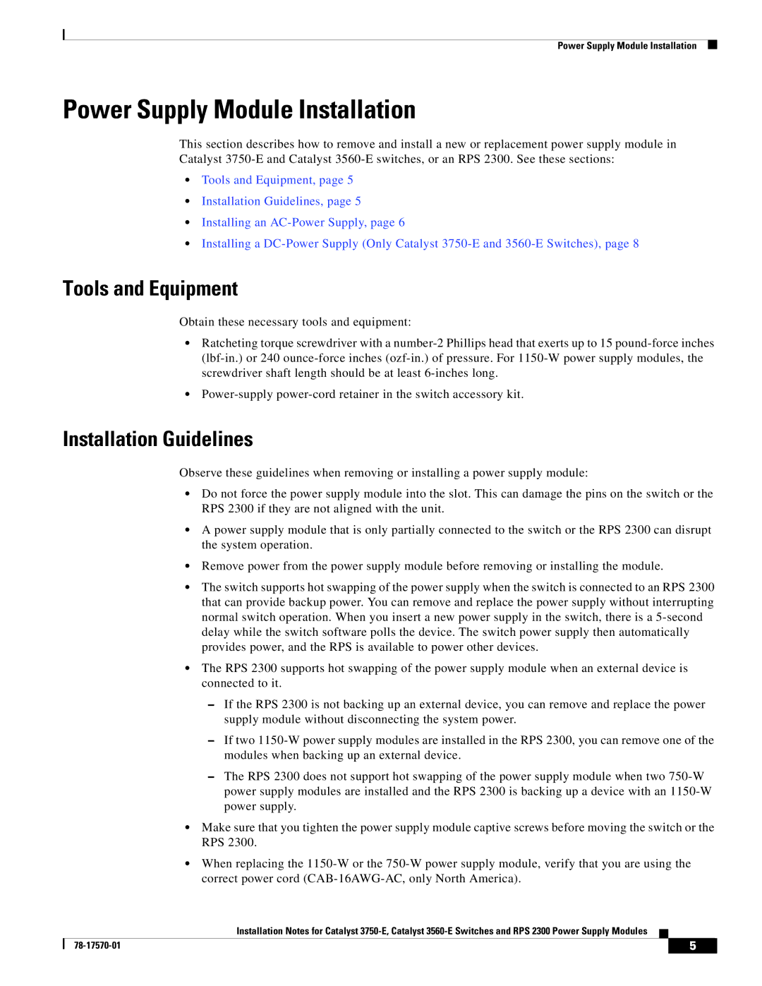 Cisco Systems 3750-E, RPS 2300, 3560-E Power Supply Module Installation, Tools and Equipment, Installation Guidelines 