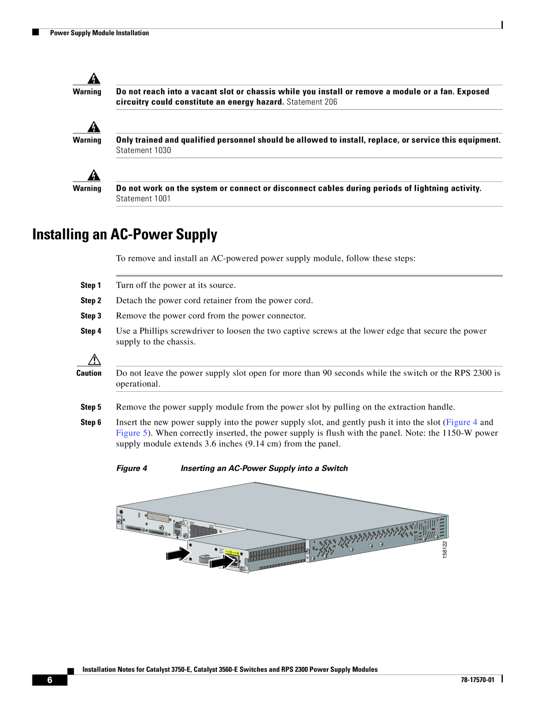 Cisco Systems RPS 2300, 3560-E Installing an AC-Power Supply, Supply module extends 3.6 inches 9.14 cm from the panel 