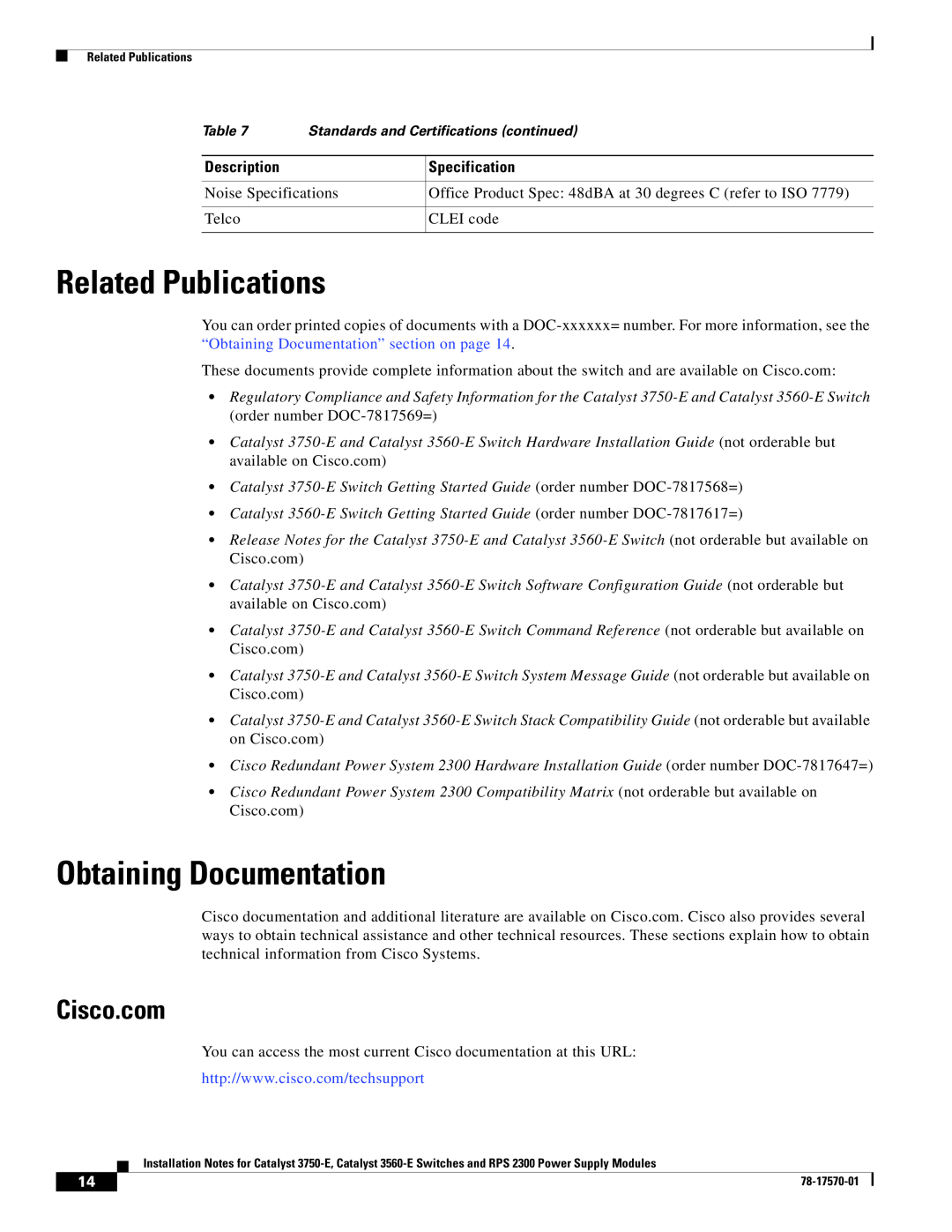 Cisco Systems 3750-E, RPS 2300, 3560-E technical specifications Related Publications, Obtaining Documentation, Cisco.com 