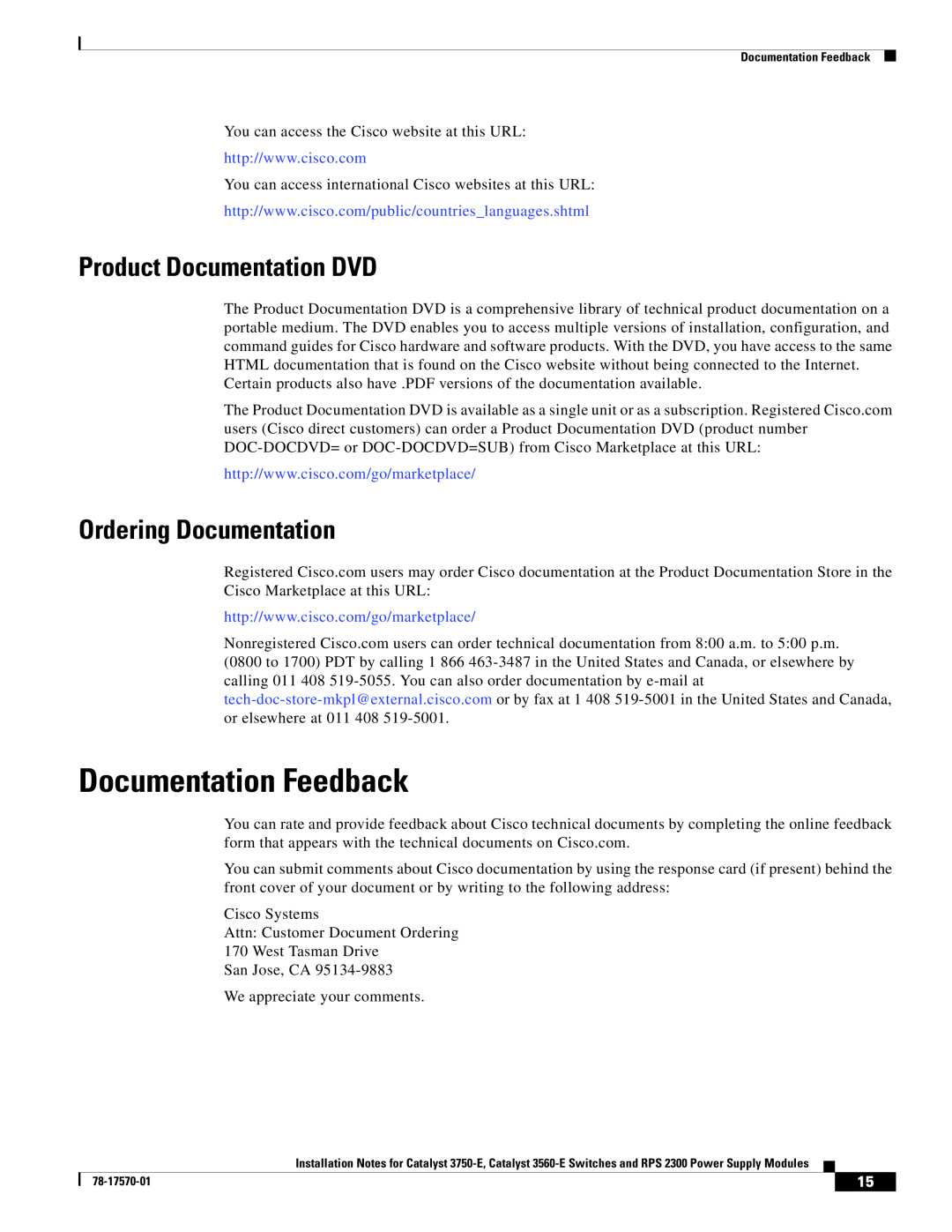 Cisco Systems RPS 2300, 3560-E, 3750-E Documentation Feedback, Product Documentation DVD, Ordering Documentation 