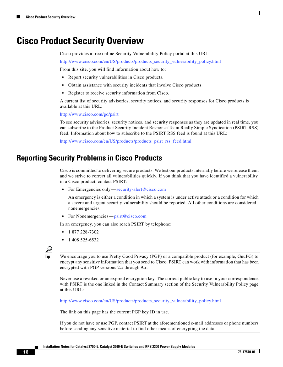 Cisco Systems 3560-E, RPS 2300, 3750-E Cisco Product Security Overview, Reporting Security Problems in Cisco Products 