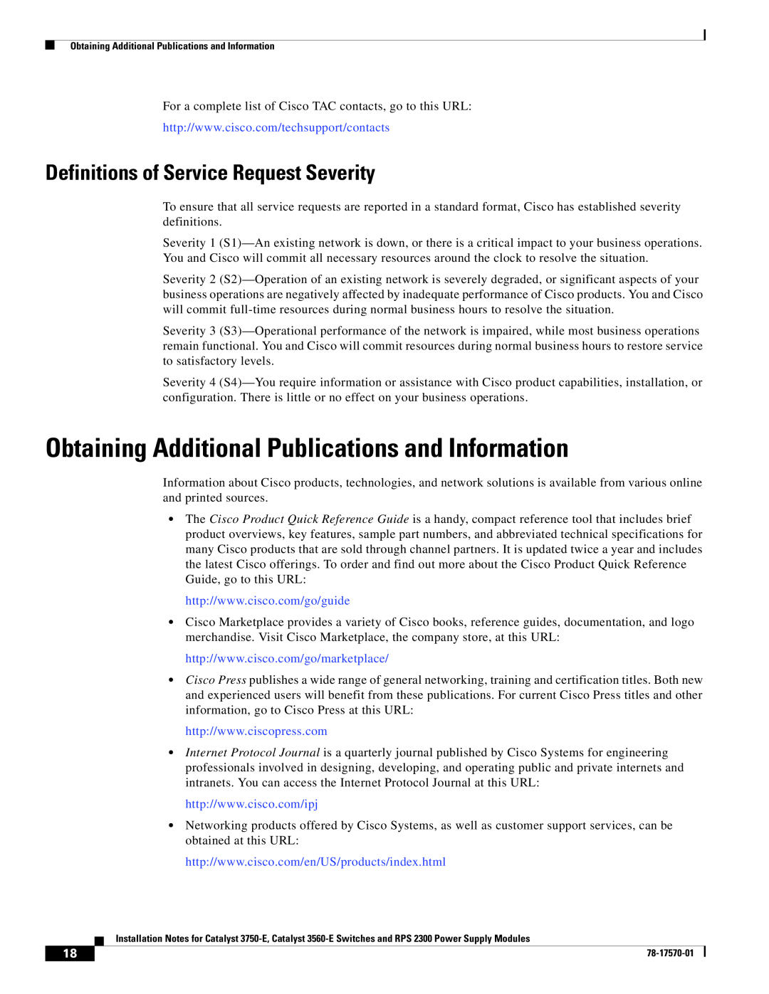 Cisco Systems RPS 2300, 3560-E Obtaining Additional Publications and Information, Definitions of Service Request Severity 