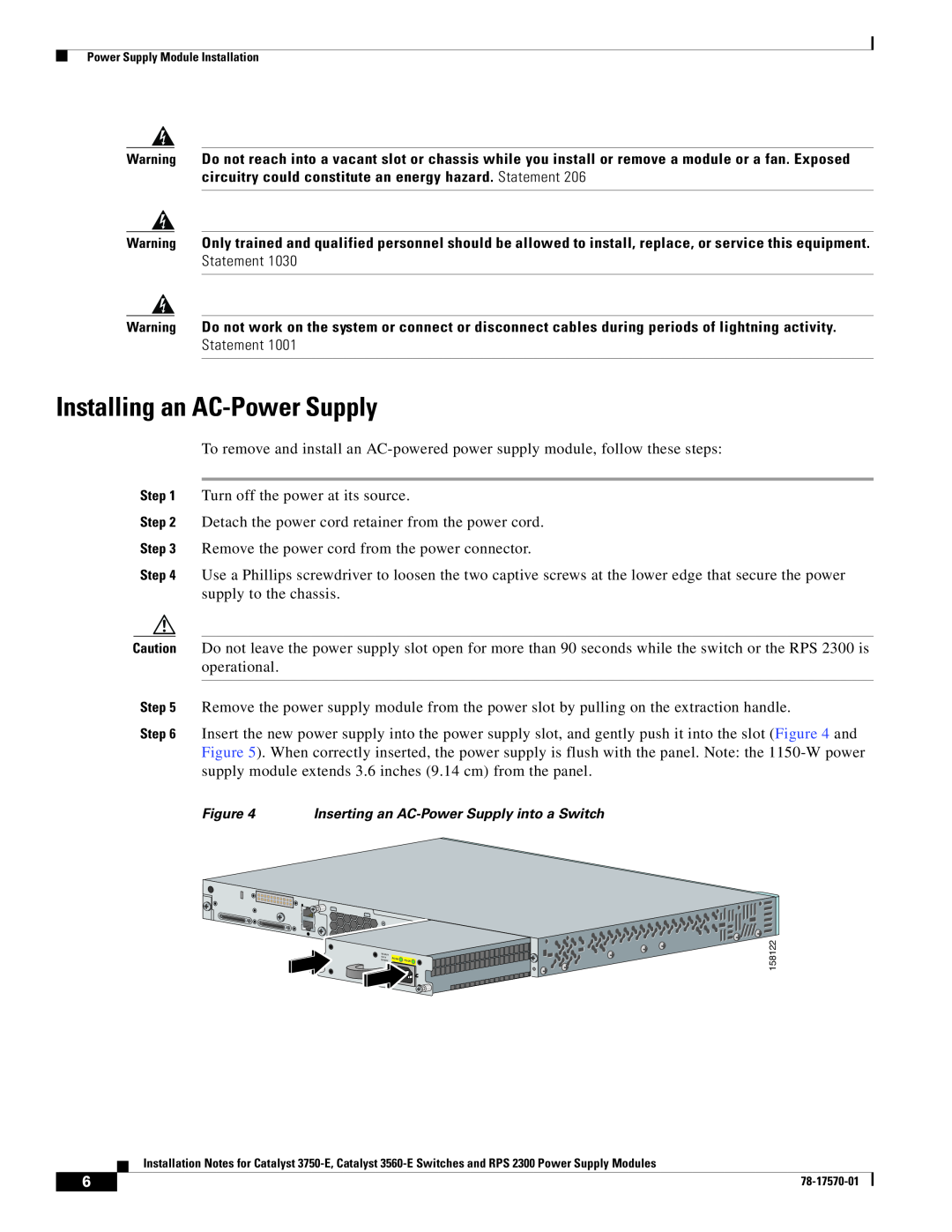 Cisco Systems RPS 2300, 3560-E, 3750-E technical specifications Installing an AC-Power Supply 