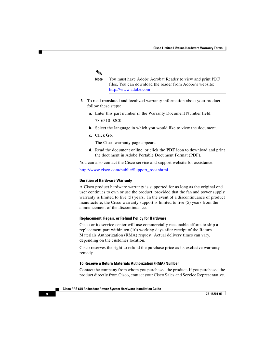 Cisco Systems RPS 675 manual Duration of Hardware Warranty 