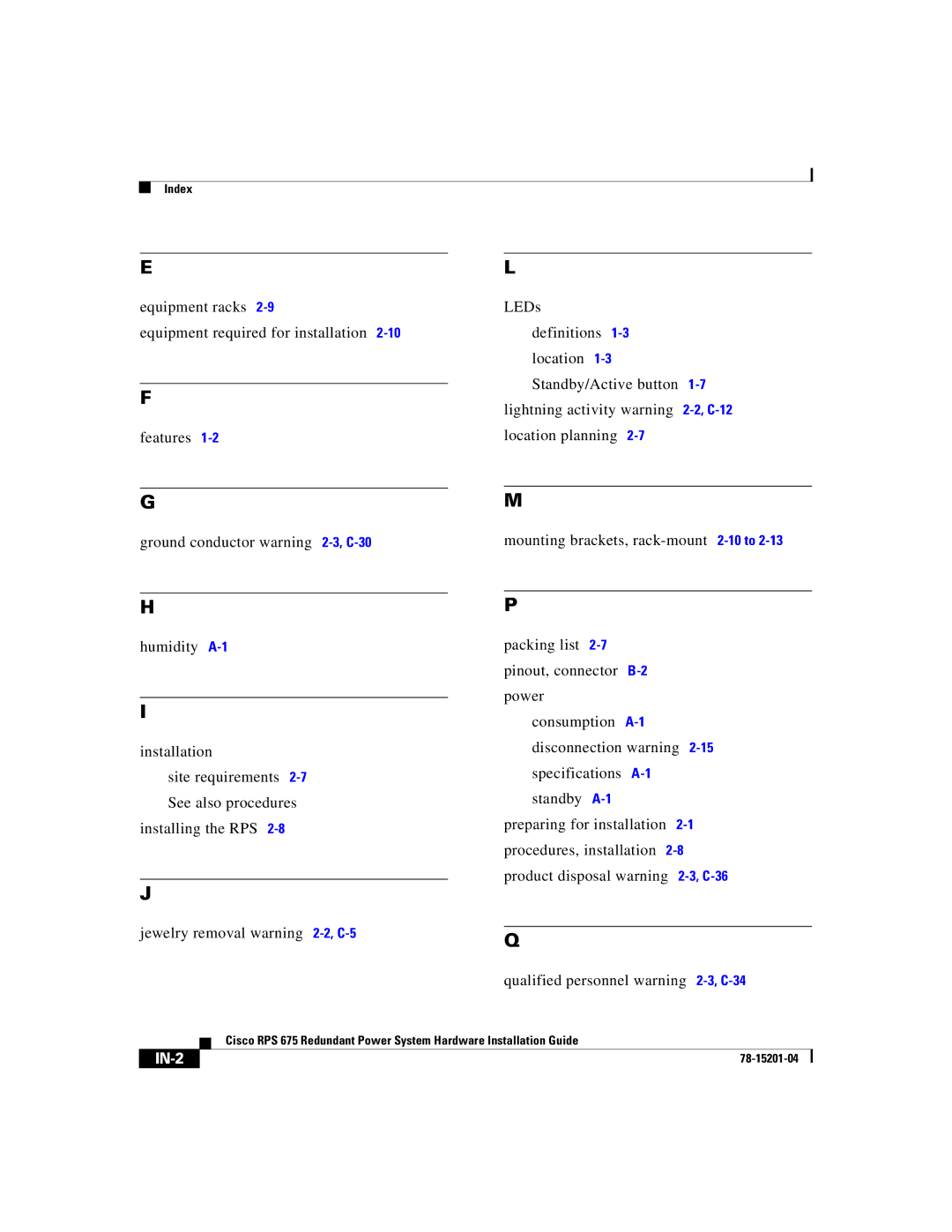 Cisco Systems RPS 675 manual IN-2 