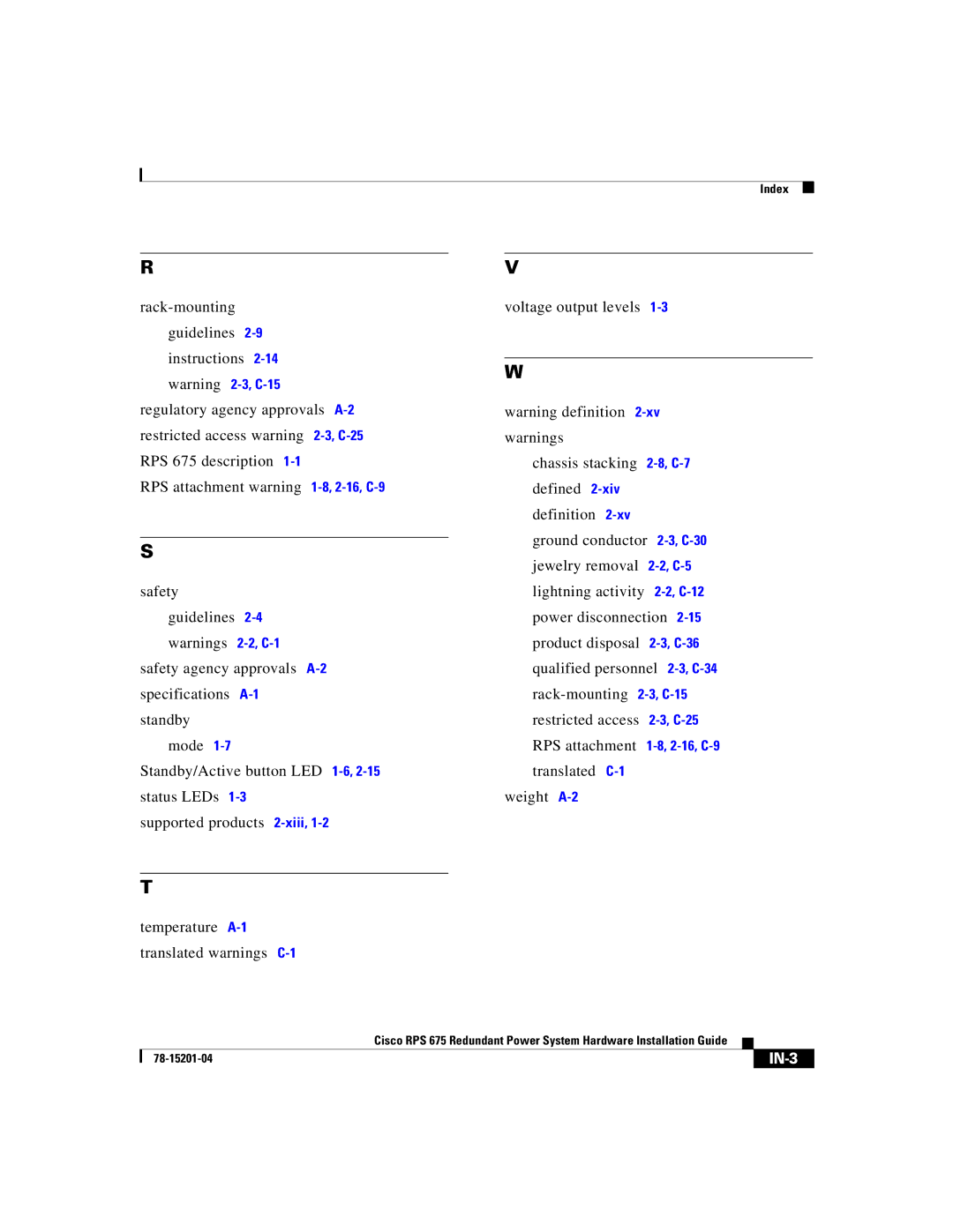 Cisco Systems RPS 675 manual IN-3 