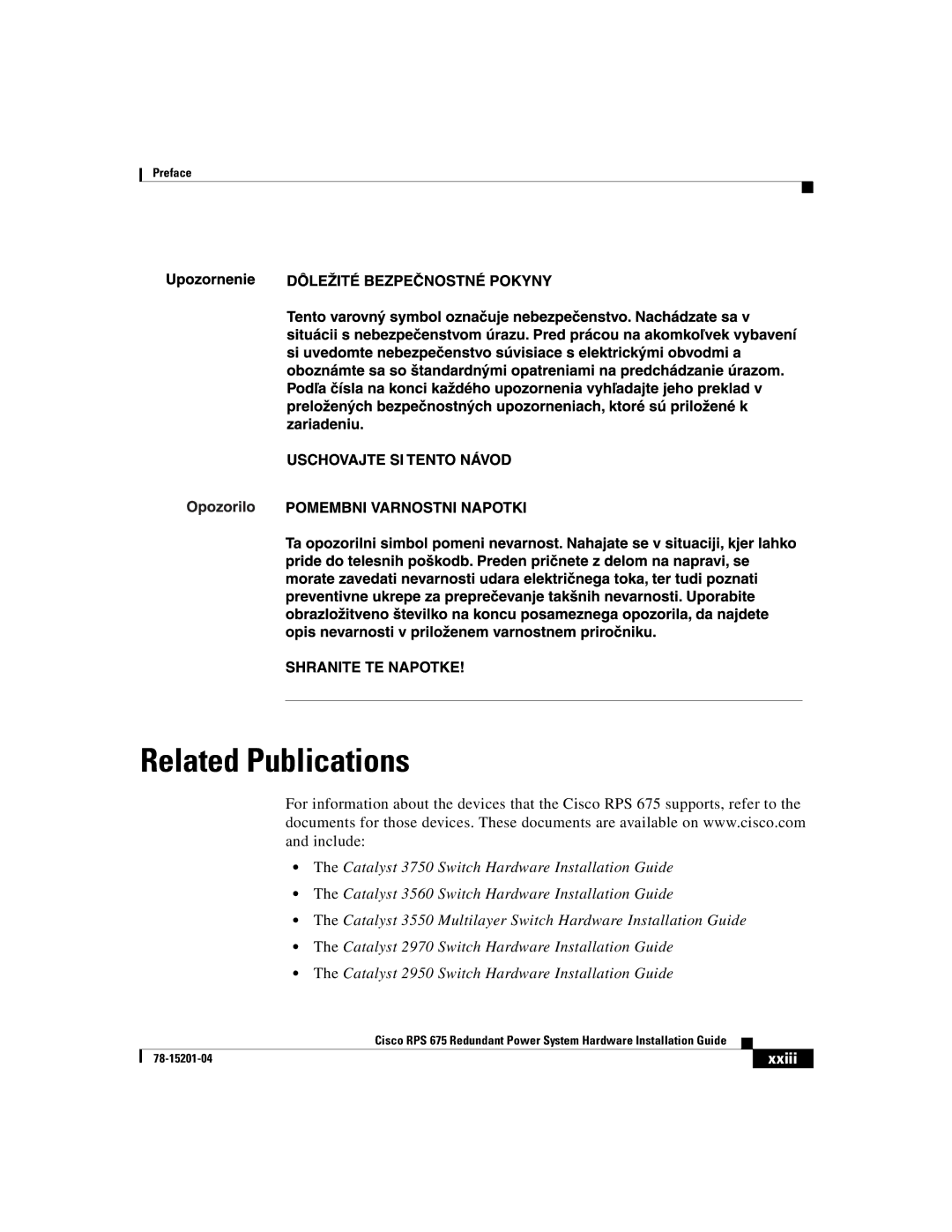 Cisco Systems RPS 675 manual Related Publications, Xxiii 