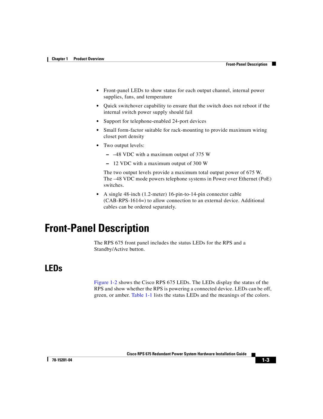 Cisco Systems RPS 675 manual Front-Panel Description, LEDs 