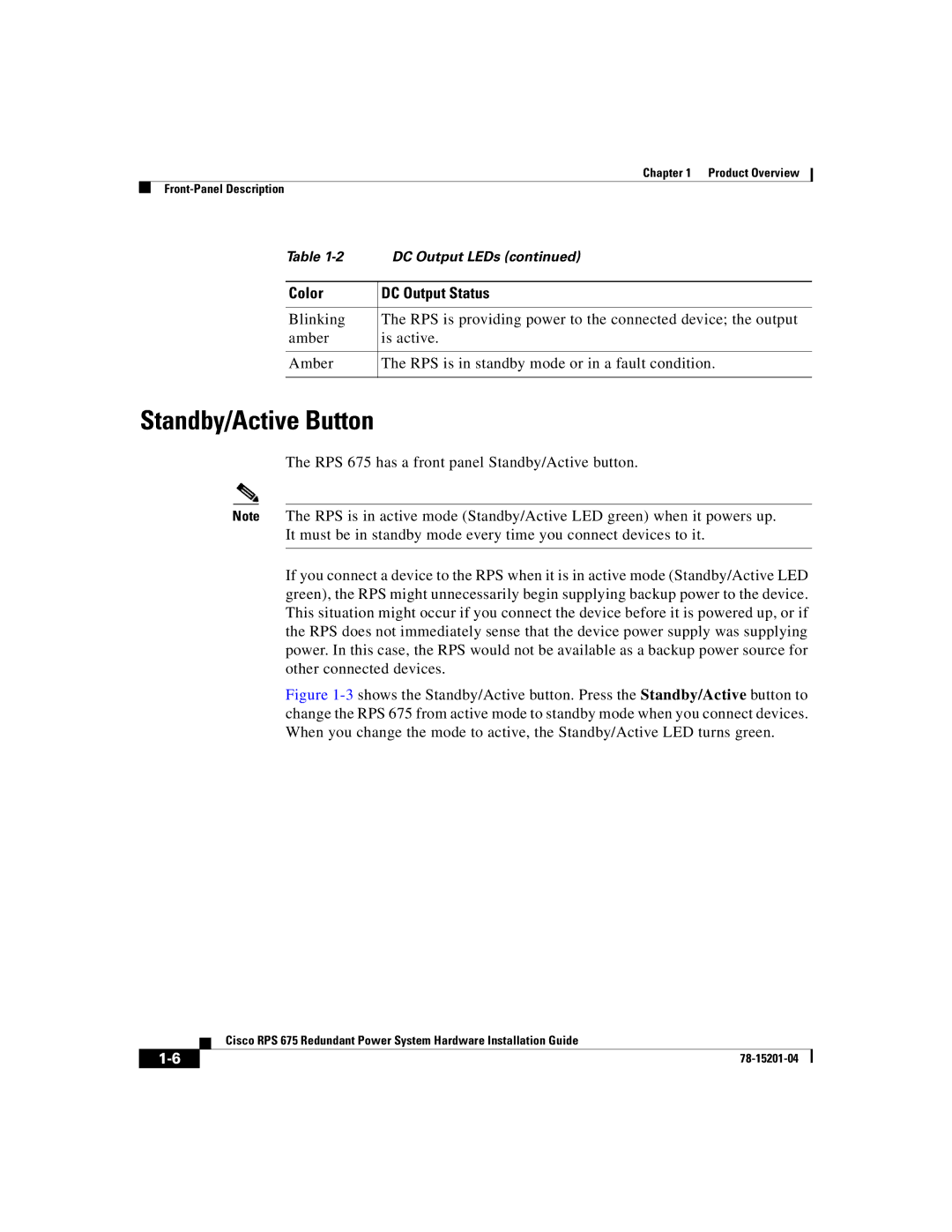 Cisco Systems RPS 675 manual Standby/Active Button 