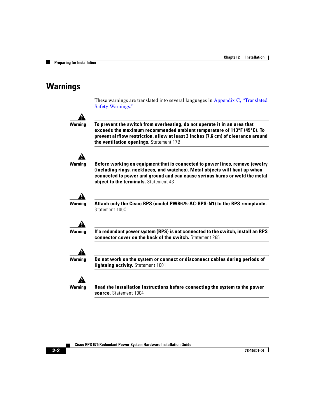 Cisco Systems RPS 675 manual Installation Preparing for Installation 