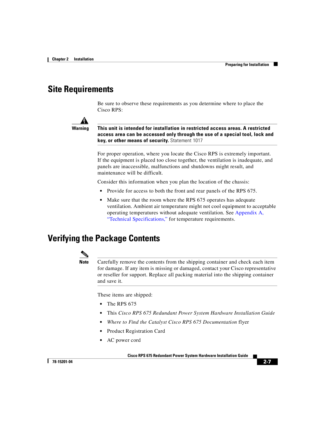 Cisco Systems RPS 675 manual Site Requirements 