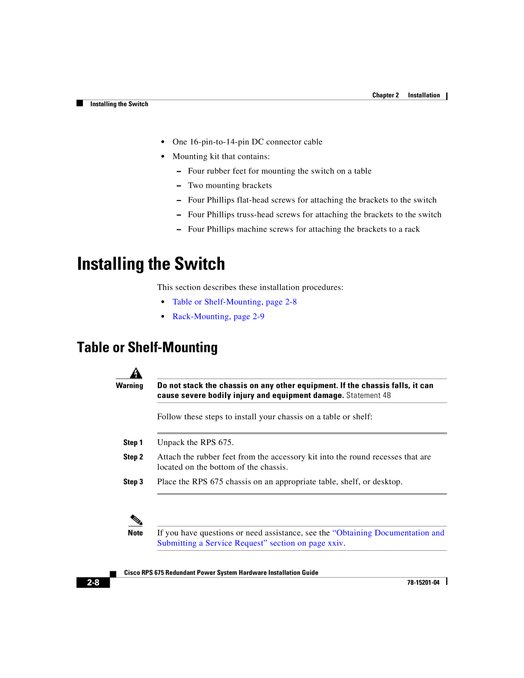 Cisco Systems RPS 675 manual Installing the Switch, Table or Shelf-Mounting 