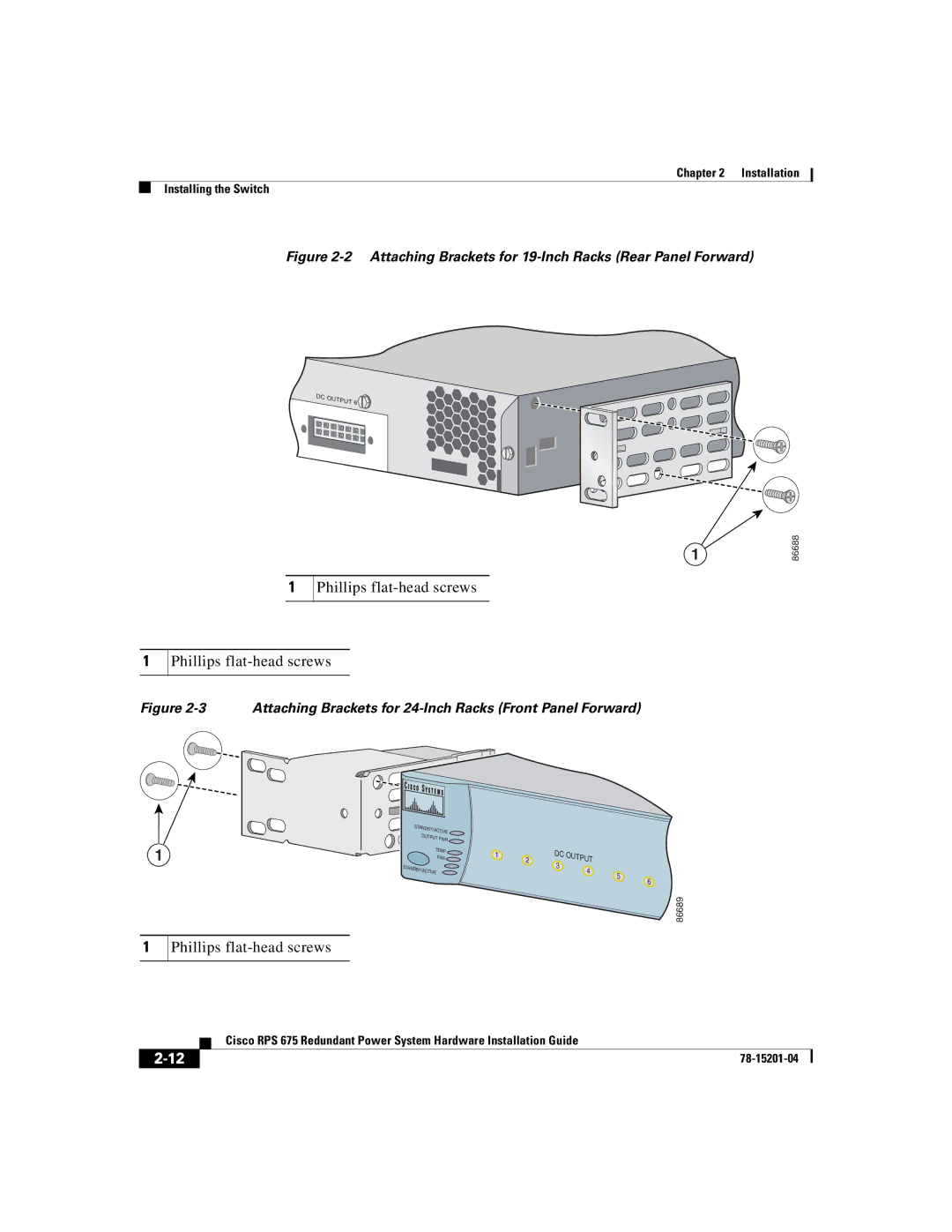 Cisco Systems RPS 675 manual Attaching Brackets for 19-Inch Racks Rear Panel Forward 