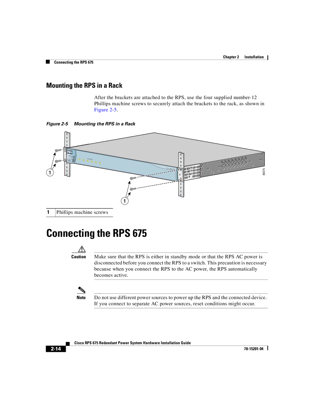 Cisco Systems RPS 675 manual Connecting the RPS, Mounting the RPS in a Rack 