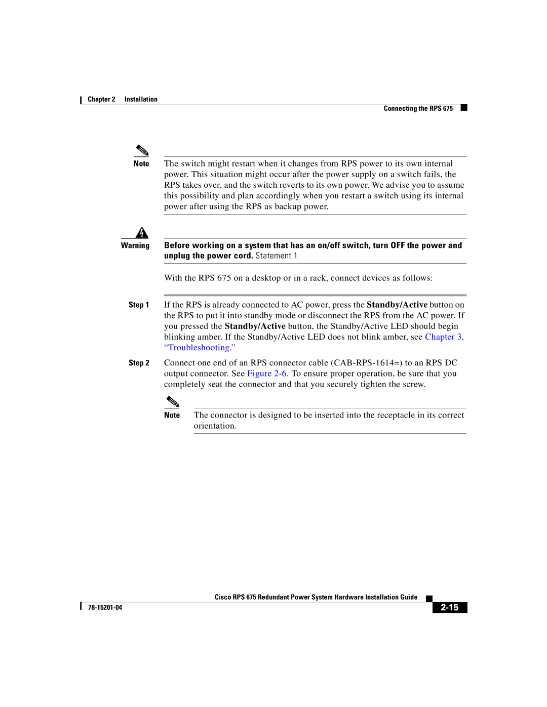 Cisco Systems RPS 675 manual Installation Connecting the RPS 