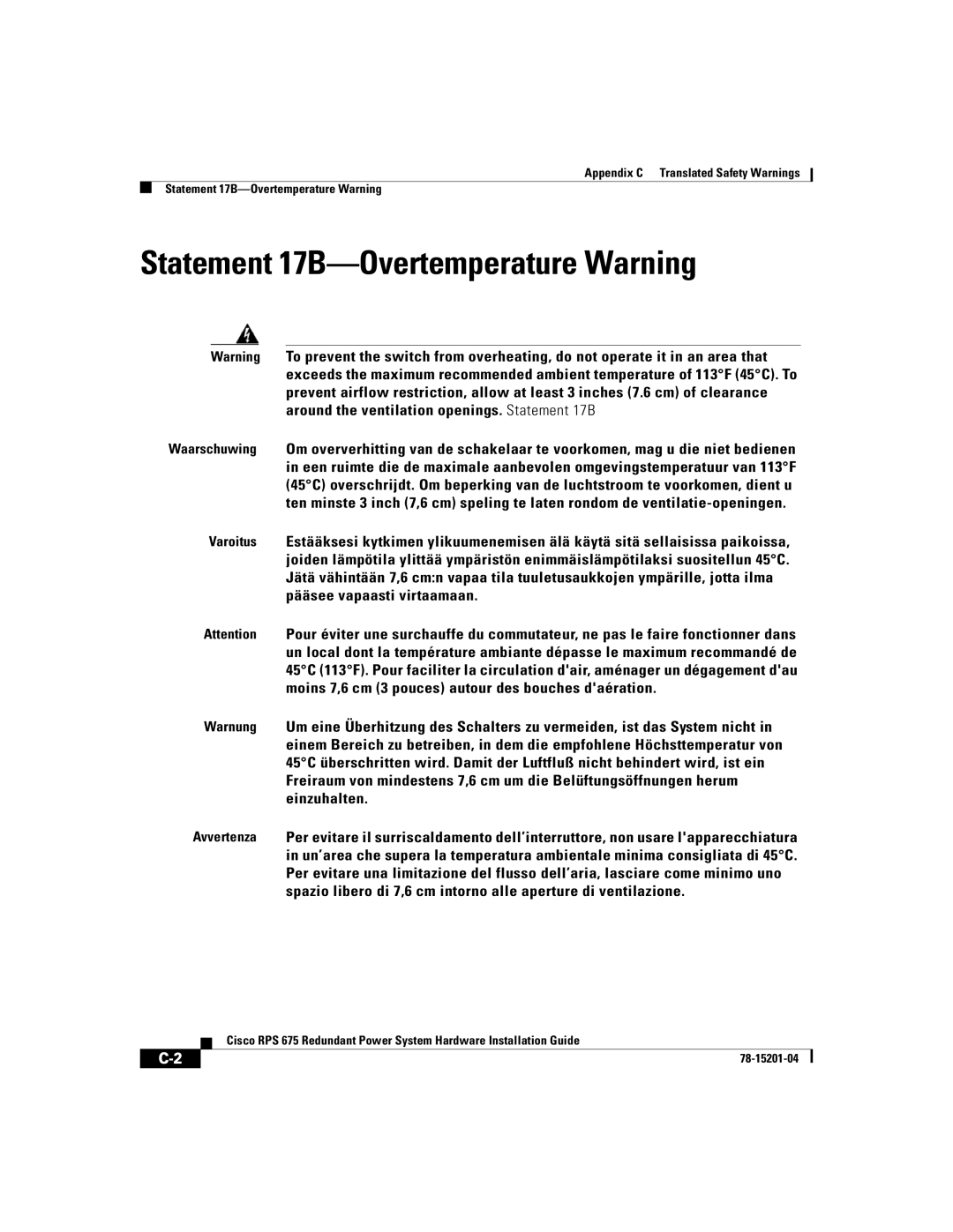 Cisco Systems RPS 675 manual Statement 17B-Overtemperature Warning 