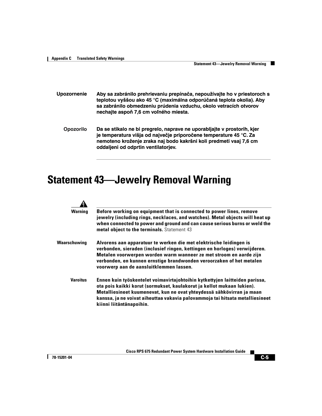 Cisco Systems RPS 675 manual Statement 43-Jewelry Removal Warning 