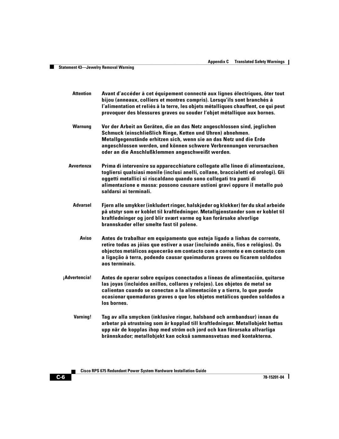 Cisco Systems RPS 675 manual 78-15201-04 