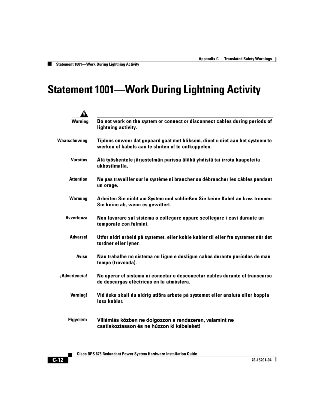 Cisco Systems RPS 675 manual Statement 1001-Work During Lightning Activity 