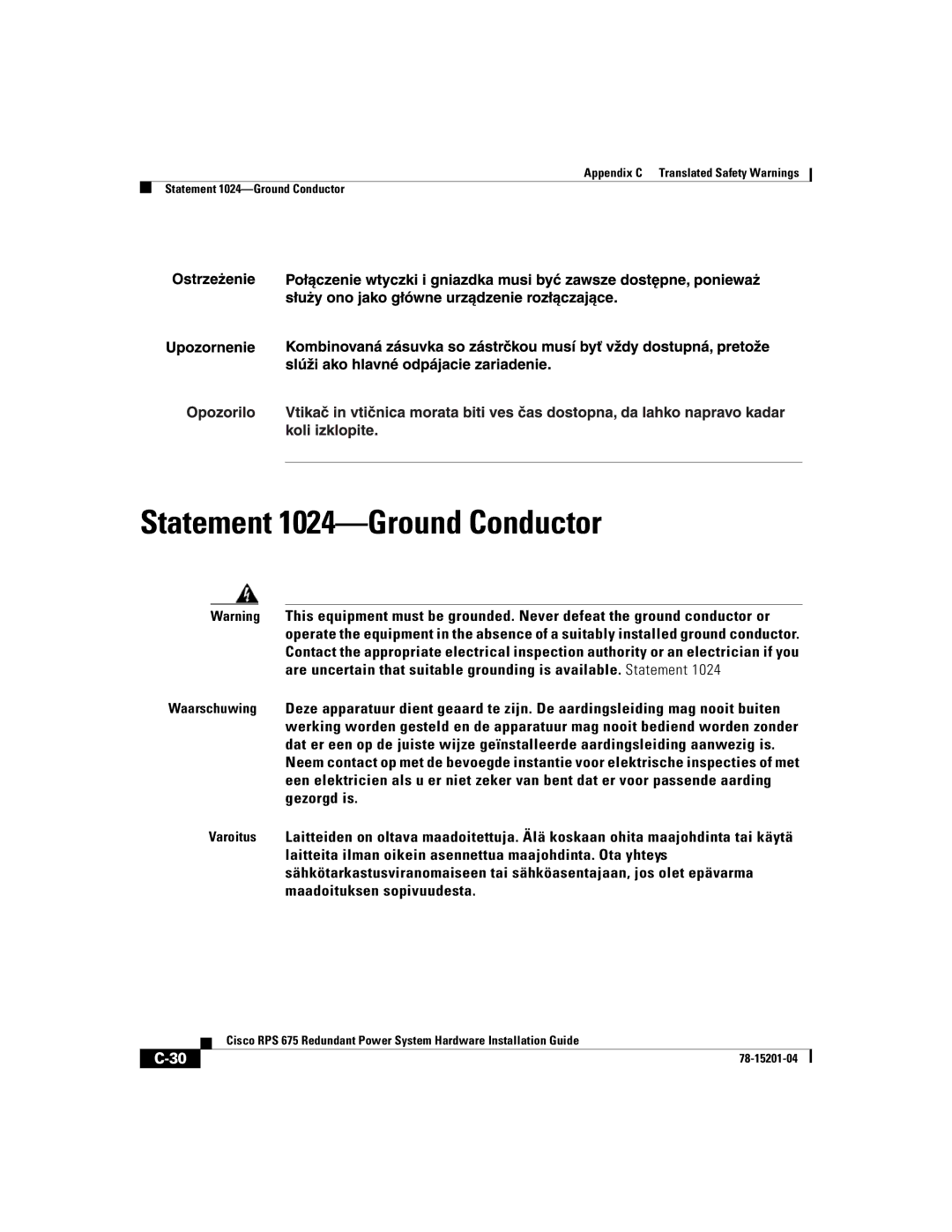 Cisco Systems RPS 675 manual Statement 1024-Ground Conductor 