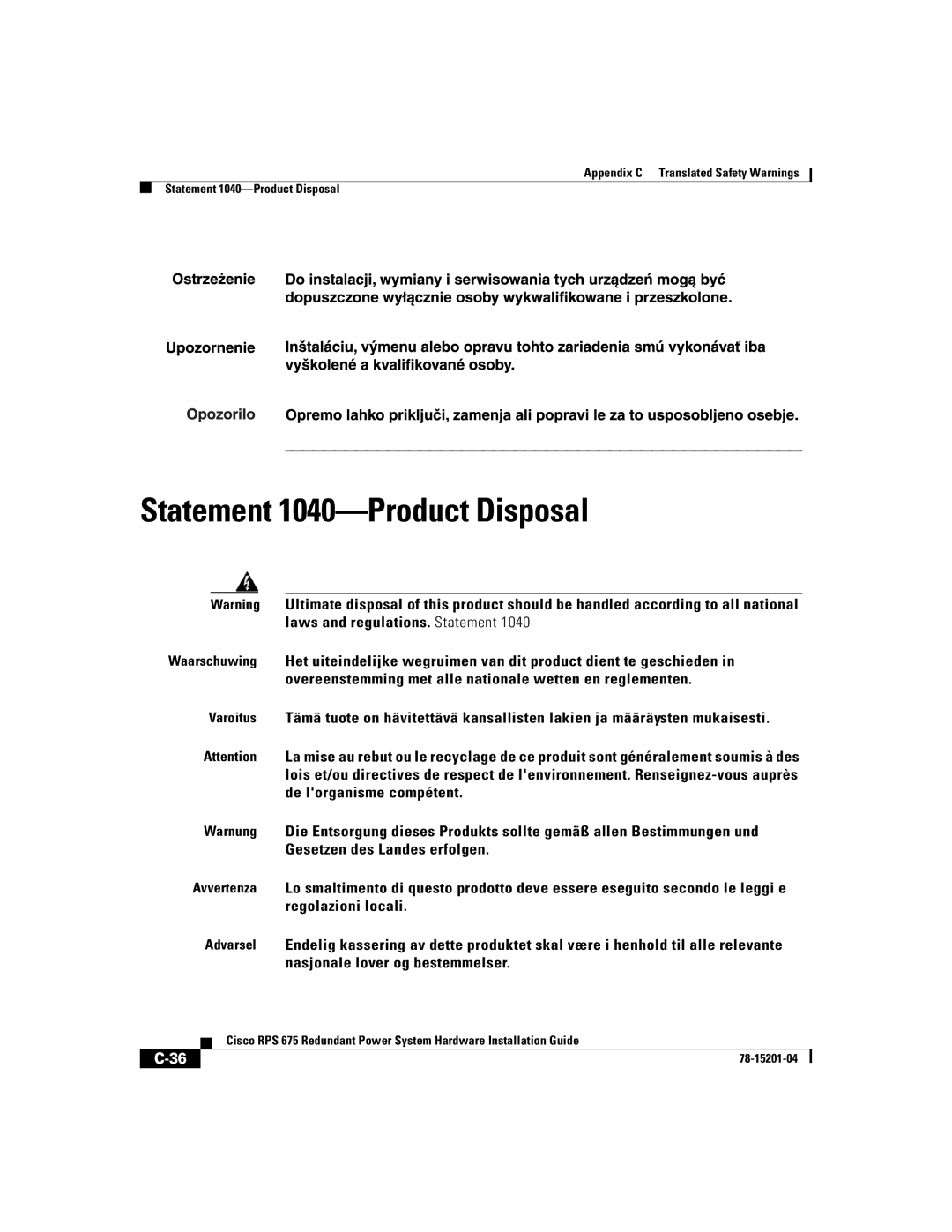 Cisco Systems RPS 675 manual Statement 1040-Product Disposal 