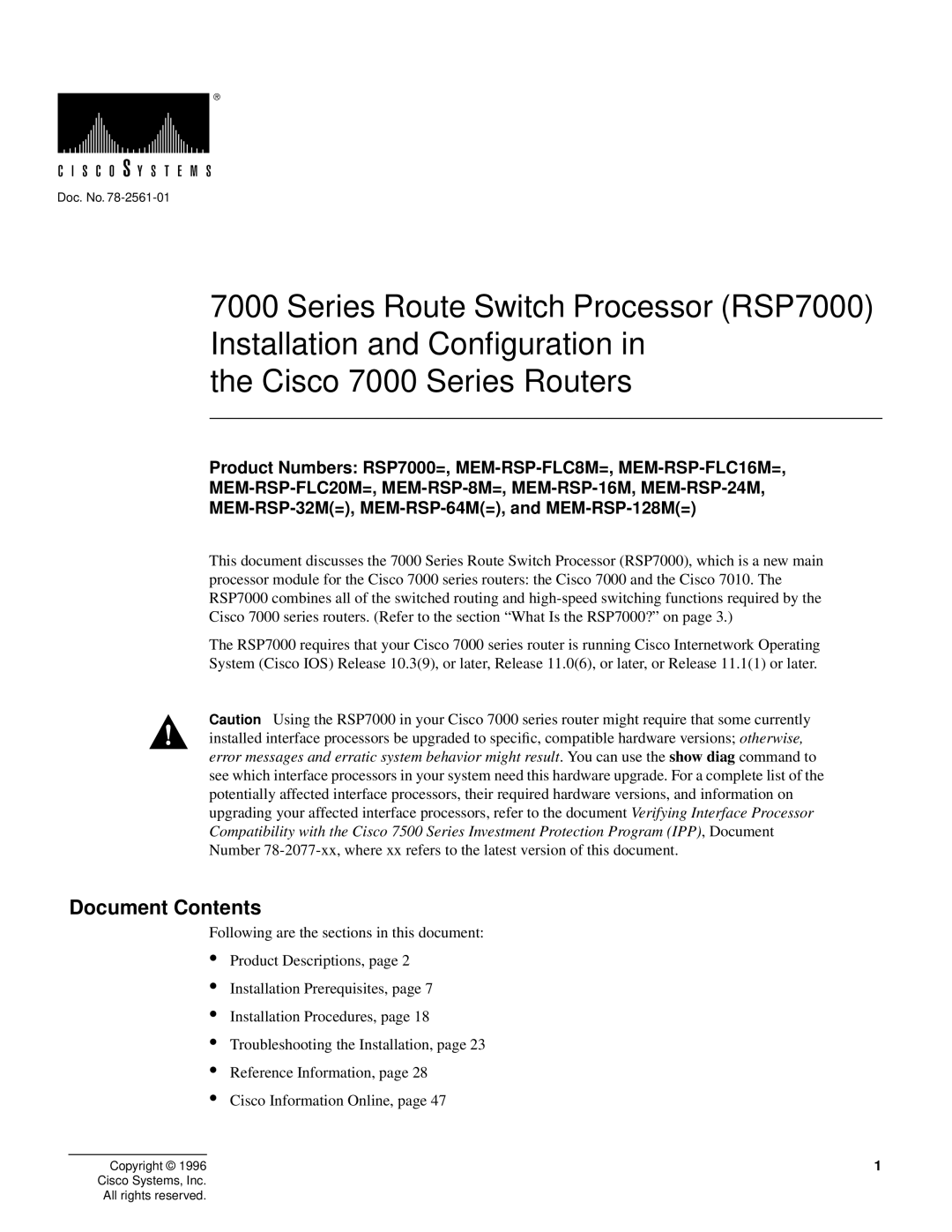 Cisco Systems RSP7000 manual Document Contents 