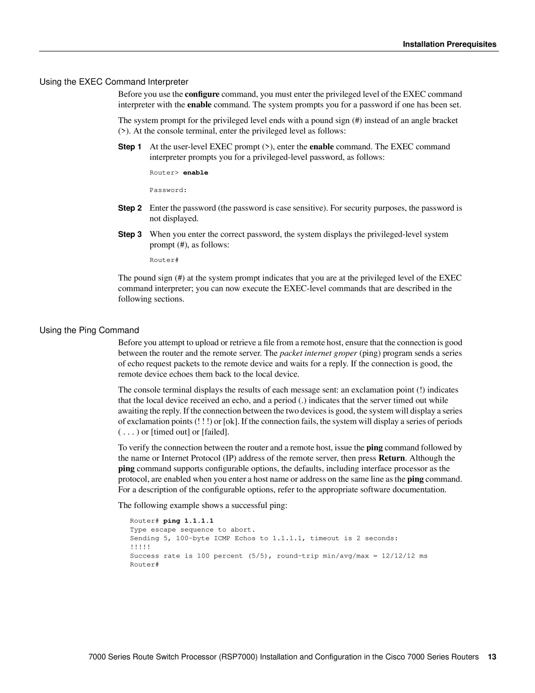 Cisco Systems RSP7000 manual Using the Exec Command Interpreter, Using the Ping Command 