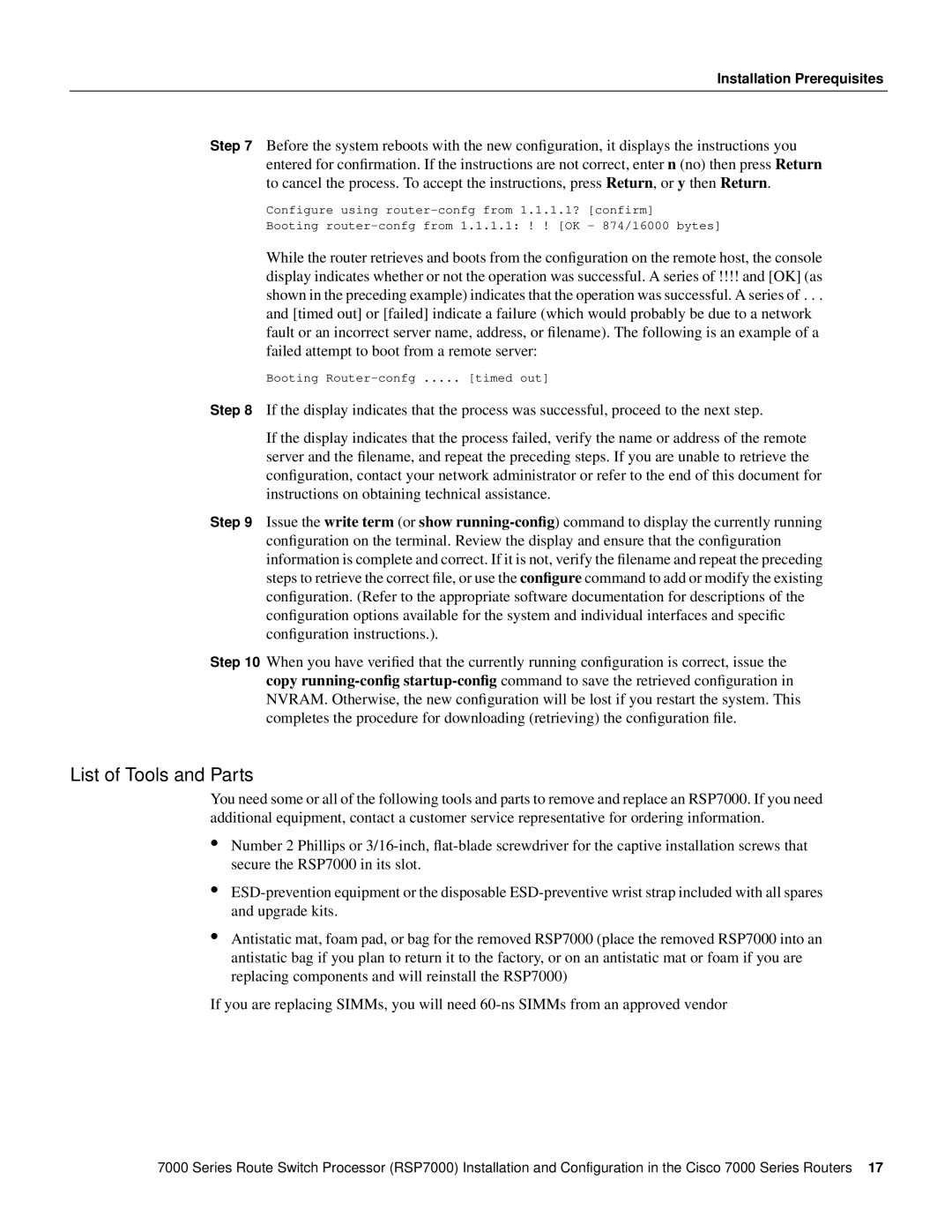 Cisco Systems RSP7000 manual List of Tools and Parts 