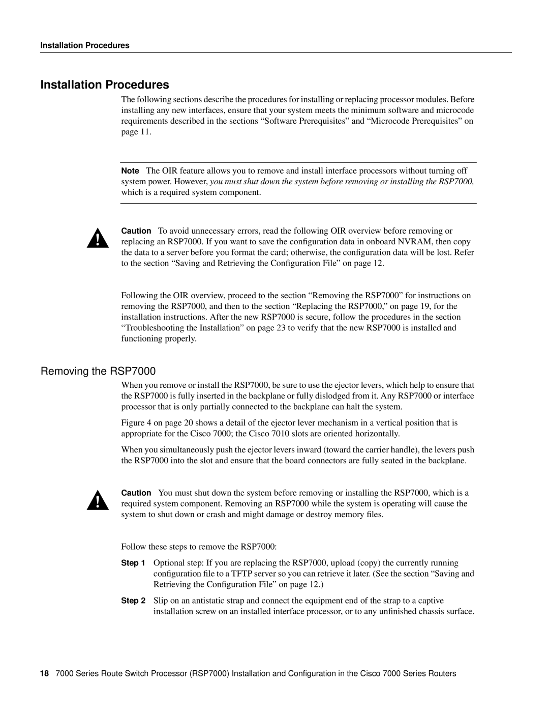 Cisco Systems manual Installation Procedures, Removing the RSP7000 