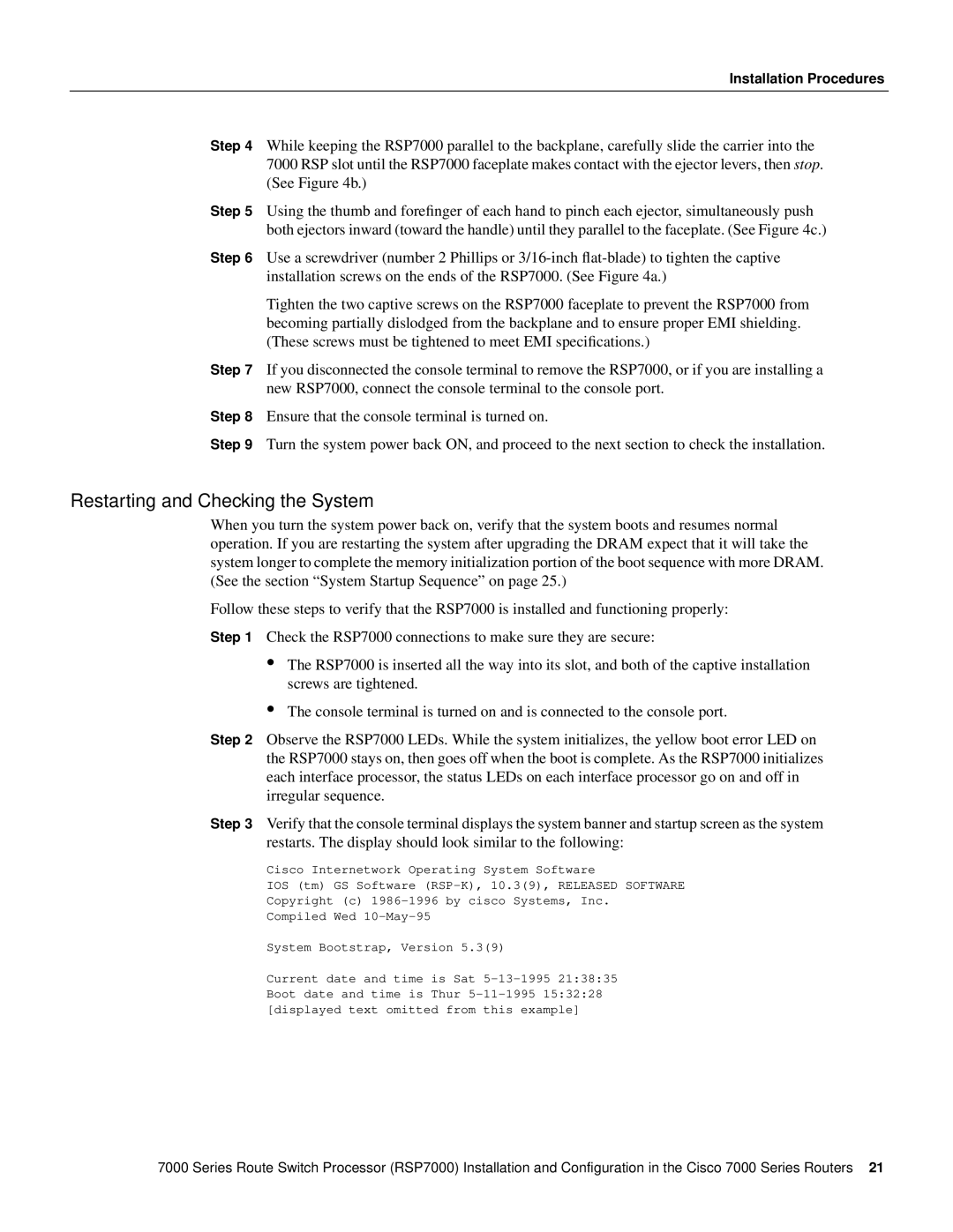 Cisco Systems RSP7000 manual Restarting and Checking the System 