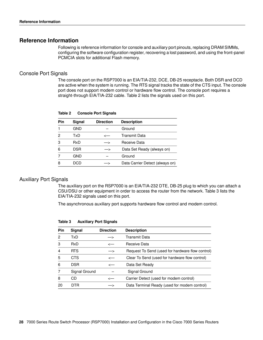 Cisco Systems RSP7000 manual Reference Information, Console Port Signals, Auxiliary Port Signals 