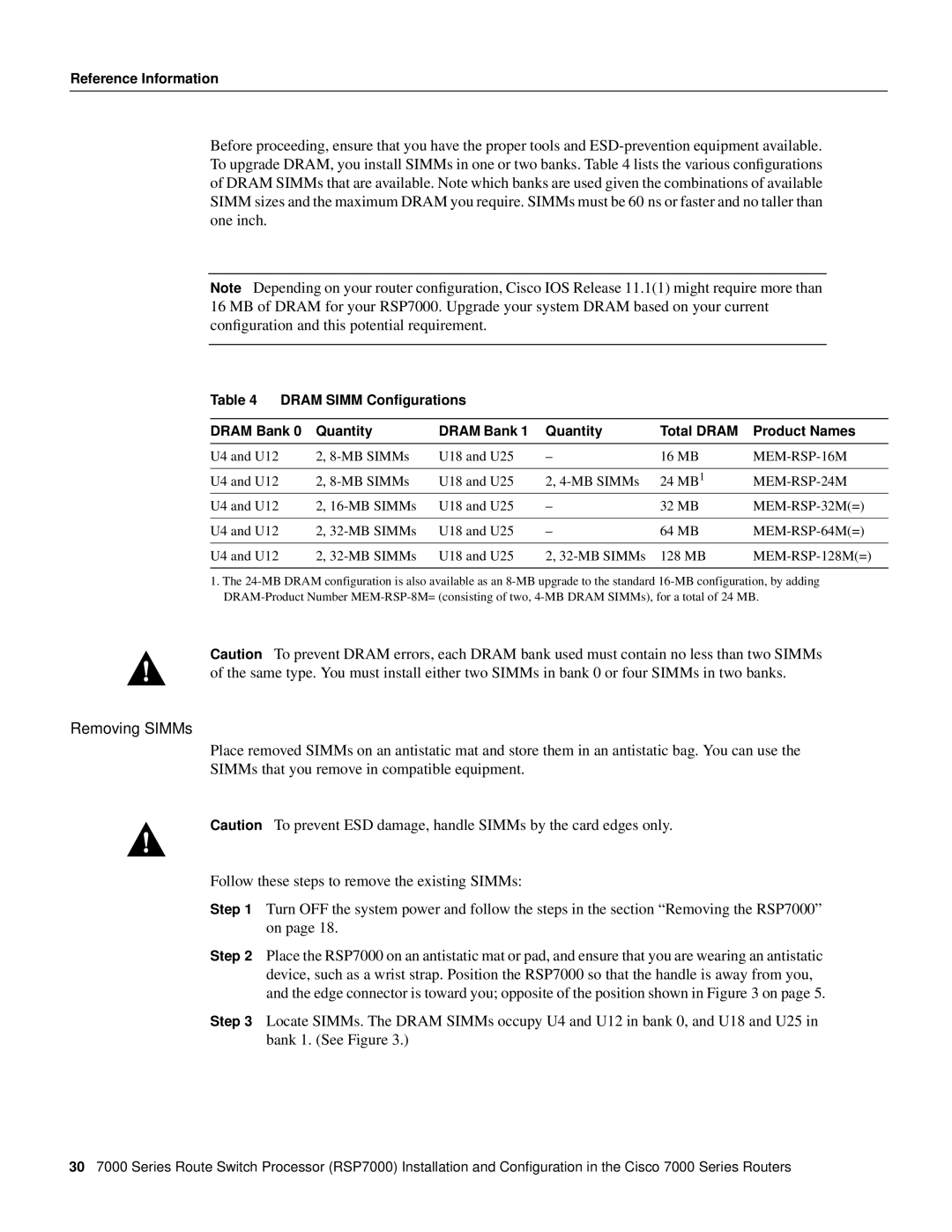 Cisco Systems RSP7000 manual Removing SIMMs, MEM-RSP-24M 