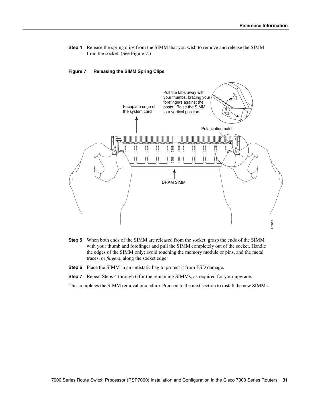 Cisco Systems RSP7000 manual Releasing the Simm Spring Clips 