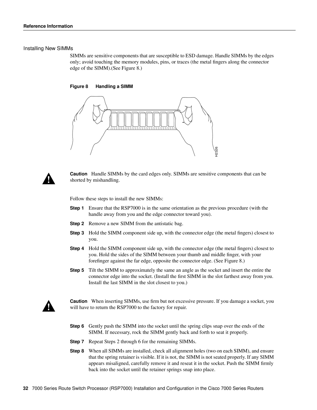 Cisco Systems RSP7000 manual Installing New SIMMs, Handling a Simm 