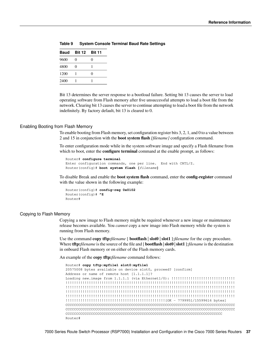 Cisco Systems RSP7000 manual Enabling Booting from Flash Memory, Copying to Flash Memory 