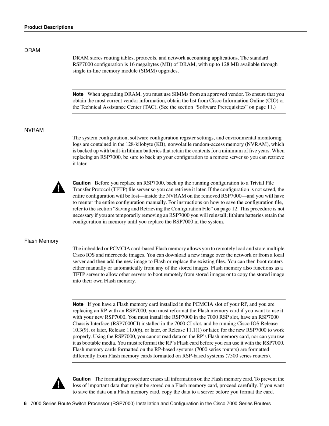 Cisco Systems RSP7000 manual Dram, Flash Memory 