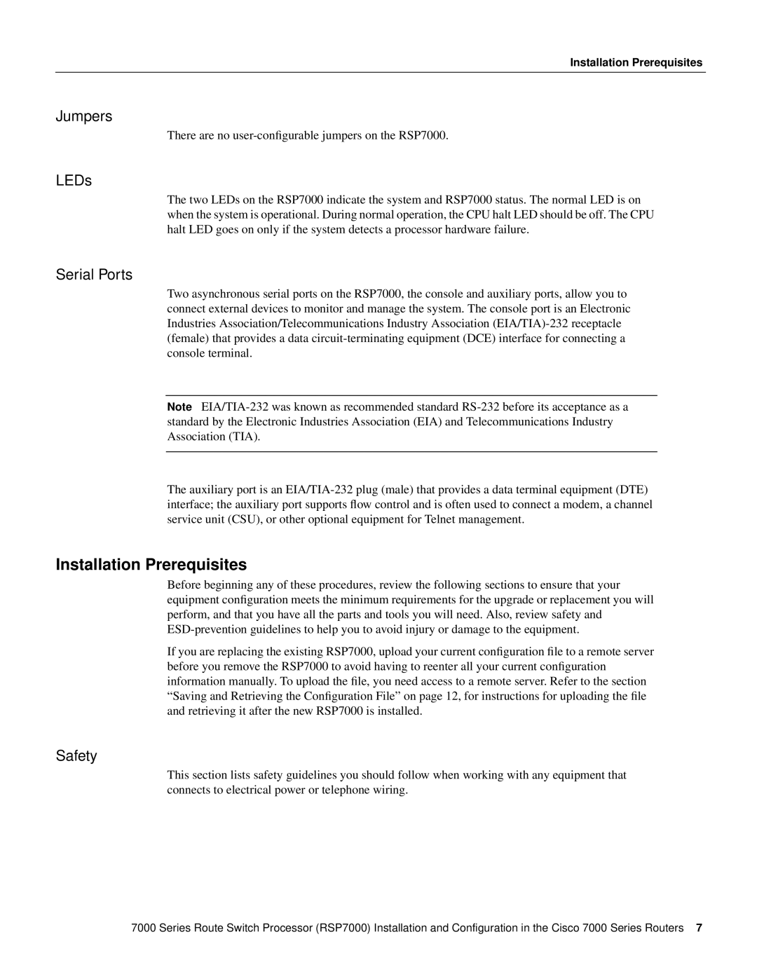 Cisco Systems RSP7000 manual Installation Prerequisites, Jumpers, LEDs, Serial Ports, Safety 