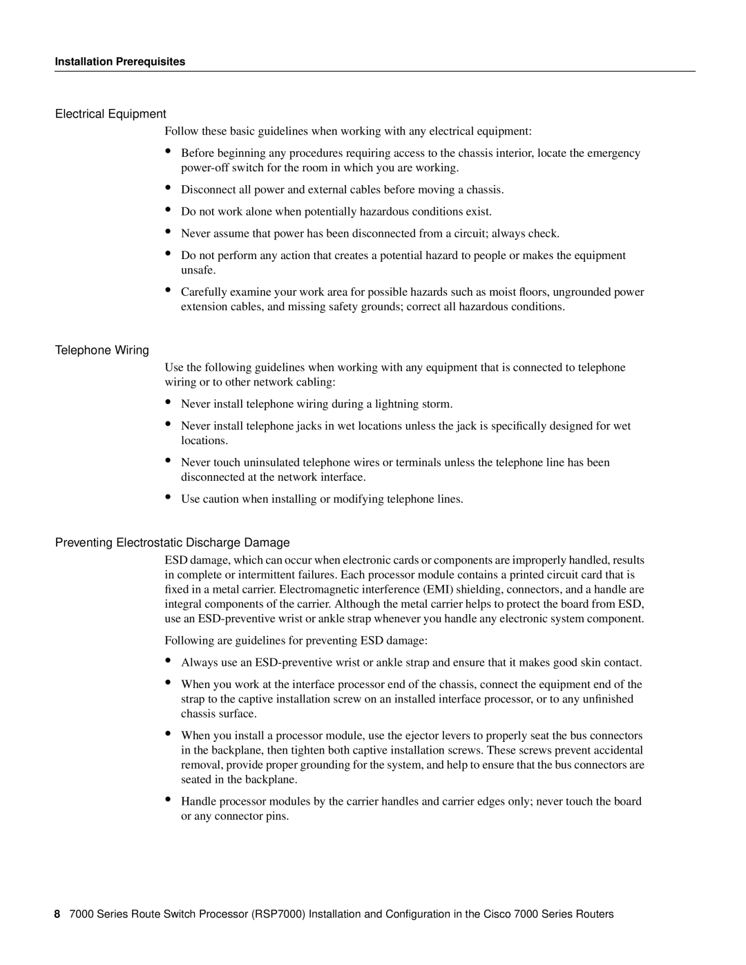 Cisco Systems RSP7000 manual Electrical Equipment, Telephone Wiring, Preventing Electrostatic Discharge Damage 