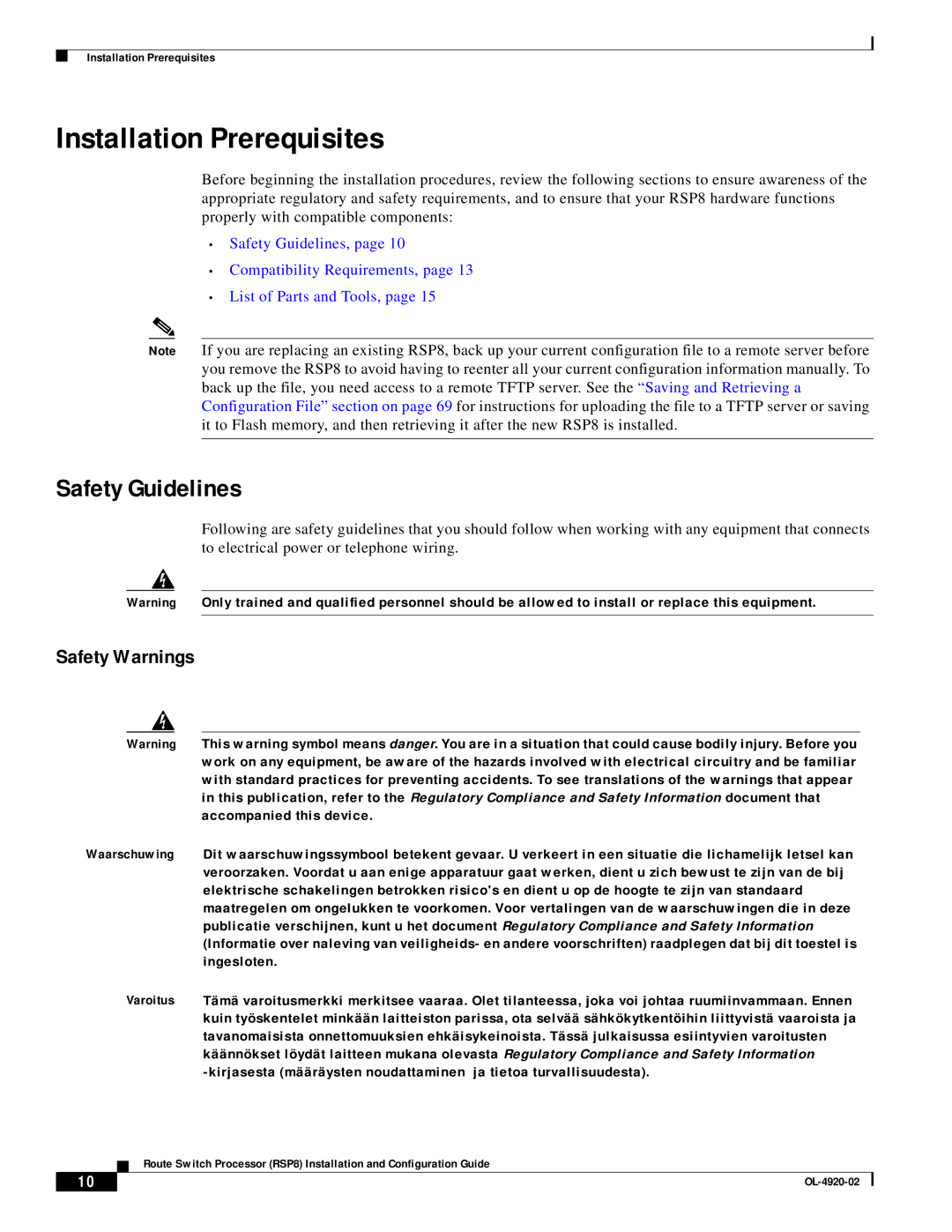 Cisco Systems RSP8 manual Installation Prerequisites, Safety Guidelines, Safety Warnings 