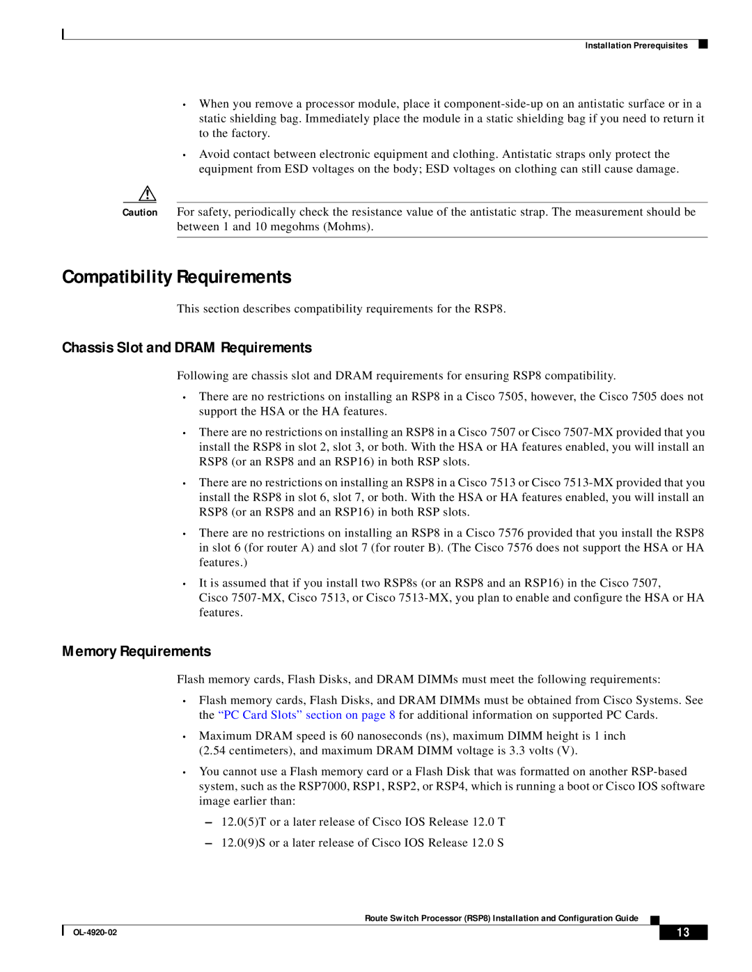 Cisco Systems RSP8 manual Compatibility Requirements, Chassis Slot and Dram Requirements, Memory Requirements 