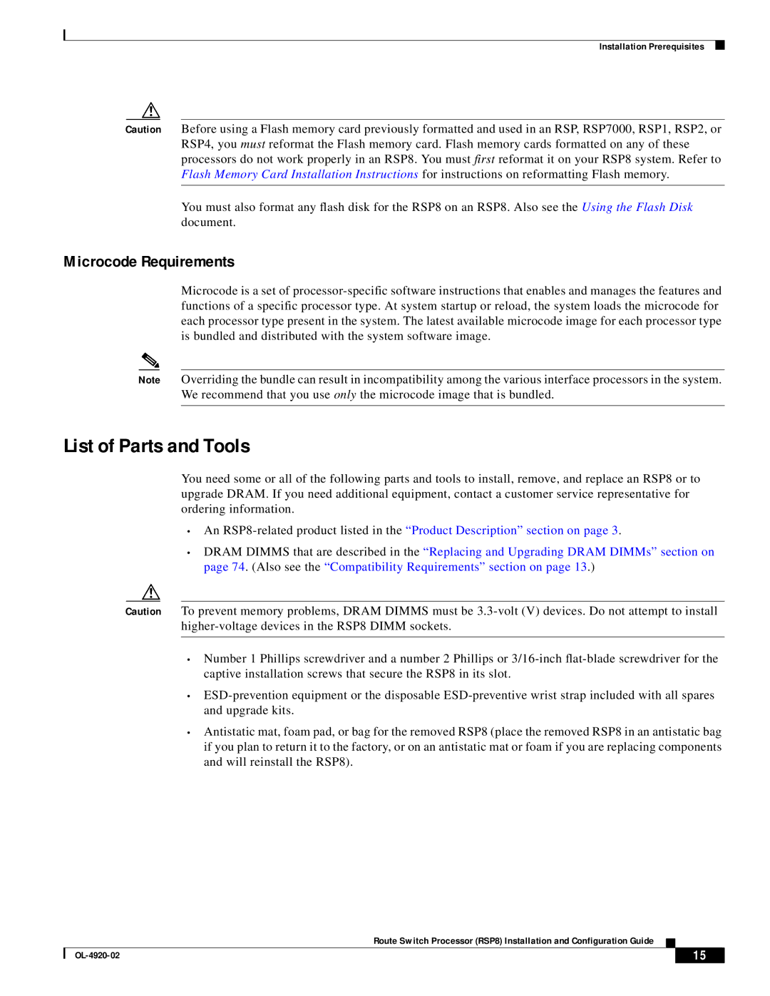 Cisco Systems RSP8 manual List of Parts and Tools, Microcode Requirements 