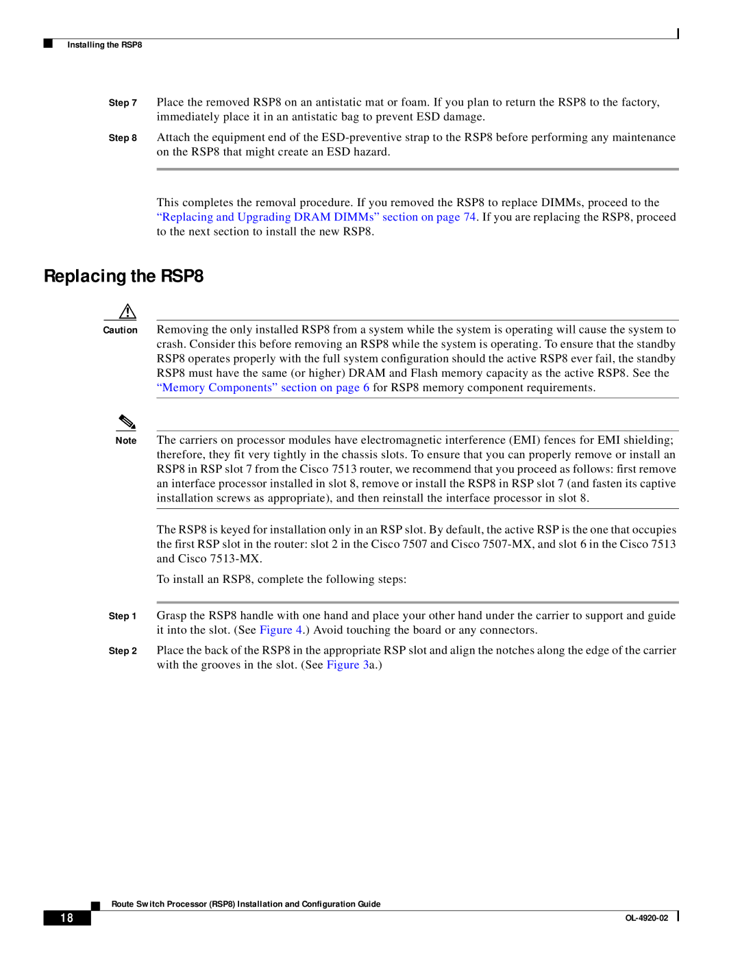 Cisco Systems manual Replacing the RSP8 