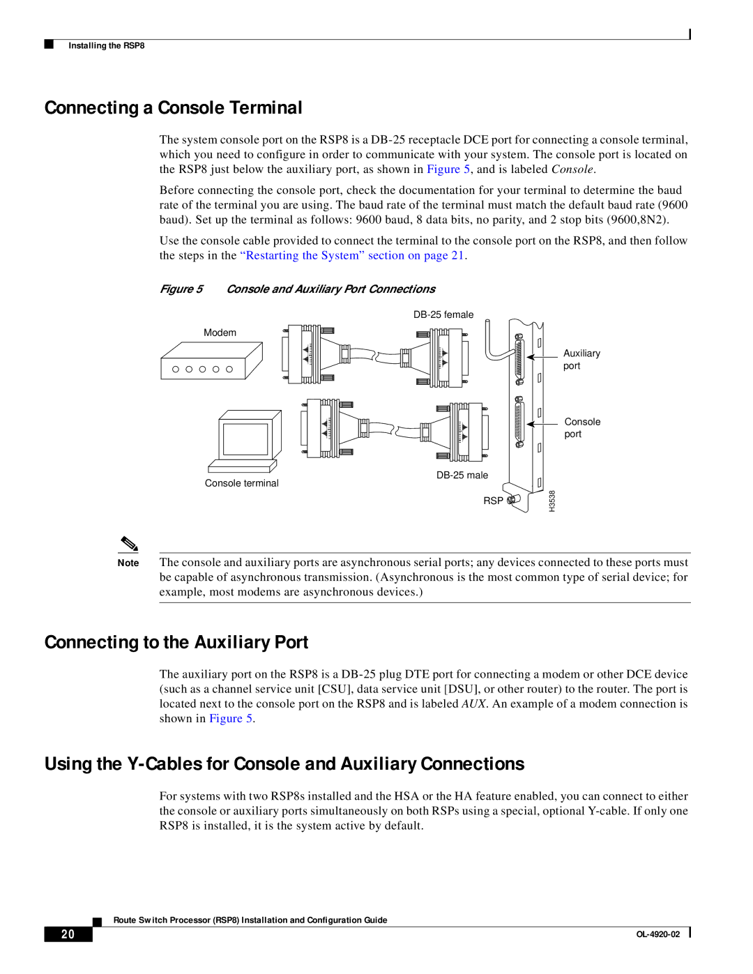 Cisco Systems RSP8 manual Connecting a Console Terminal, Connecting to the Auxiliary Port 