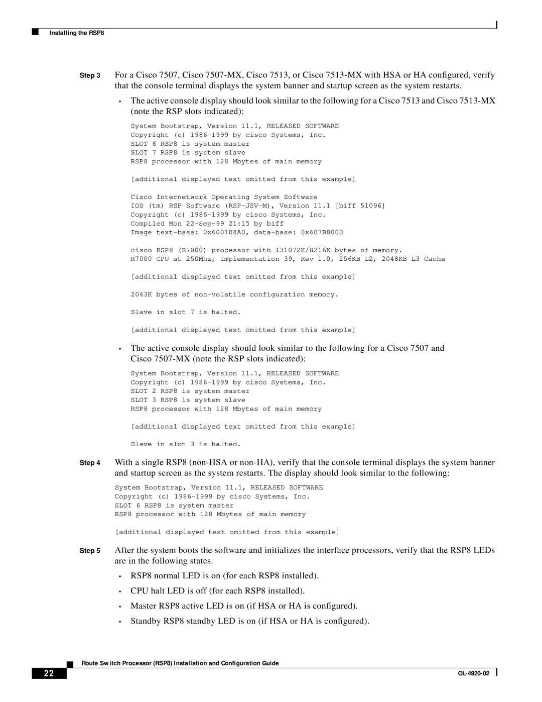 Cisco Systems manual Installing the RSP8 